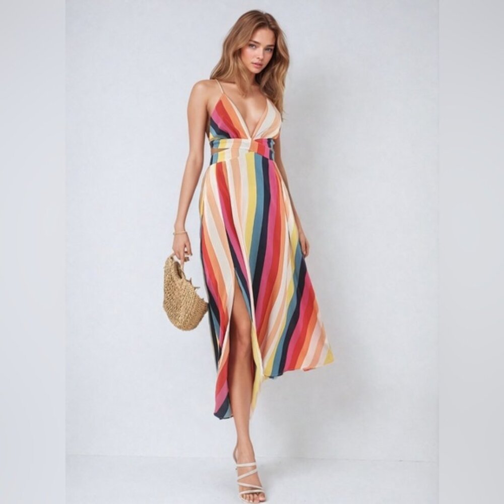 Striped Crisscross Tie Backless Split Thigh Cami Dress